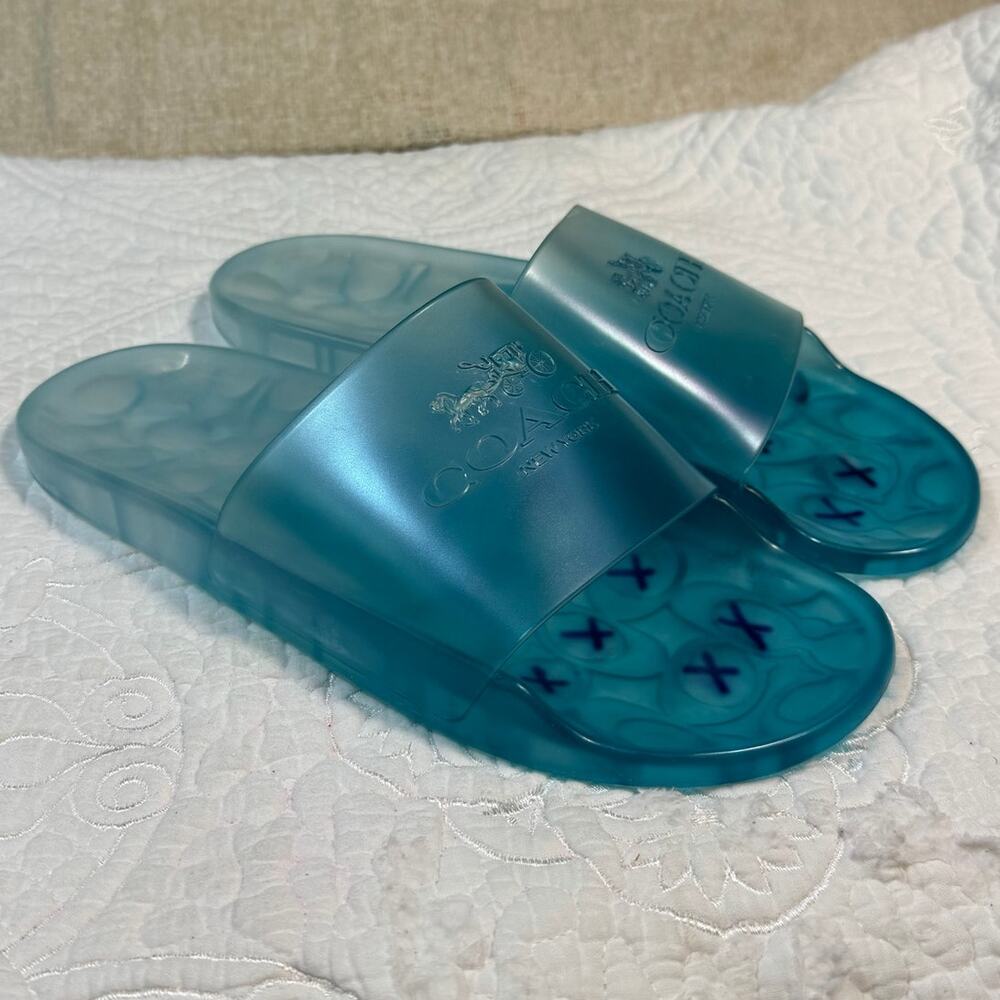 Coach Women's 8B Blue Jelly Logo Slide Sandals Casual Summer Pool Shoes Casual